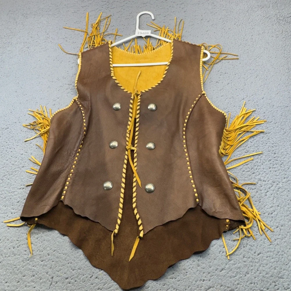 Vintage Suede Leather Fringe Vest Womens Large Western Equestrian Concho 70s